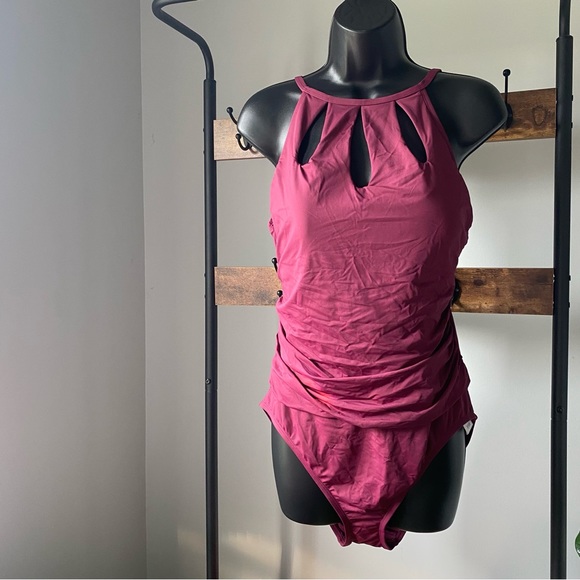 Bleu Rod Beattie ONE PIECE HIGH NECK RUCHED SWIMSUIT in Pomegranate size 14 NEW - Picture 7 of 8
